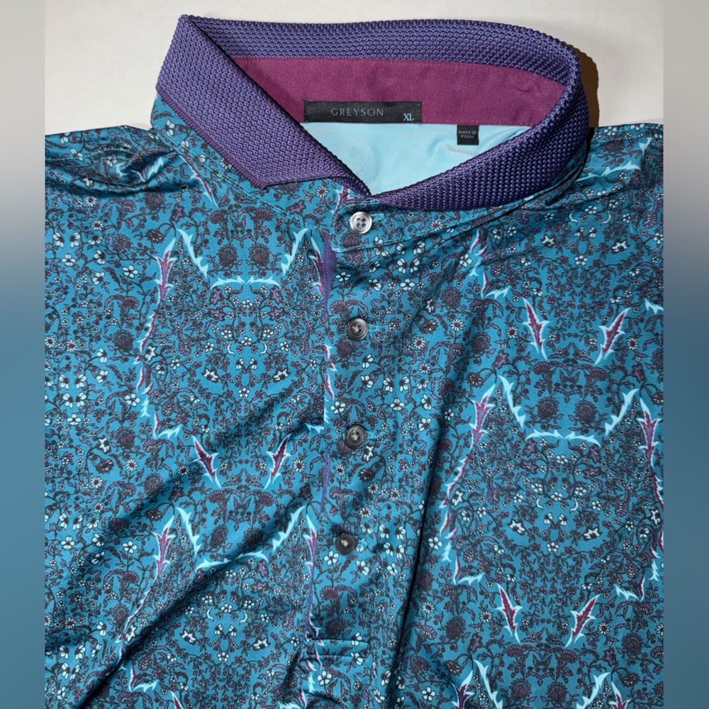Greyson Men's Patterned Polo Shirt - Blue and Purple - Picture 2 of 4